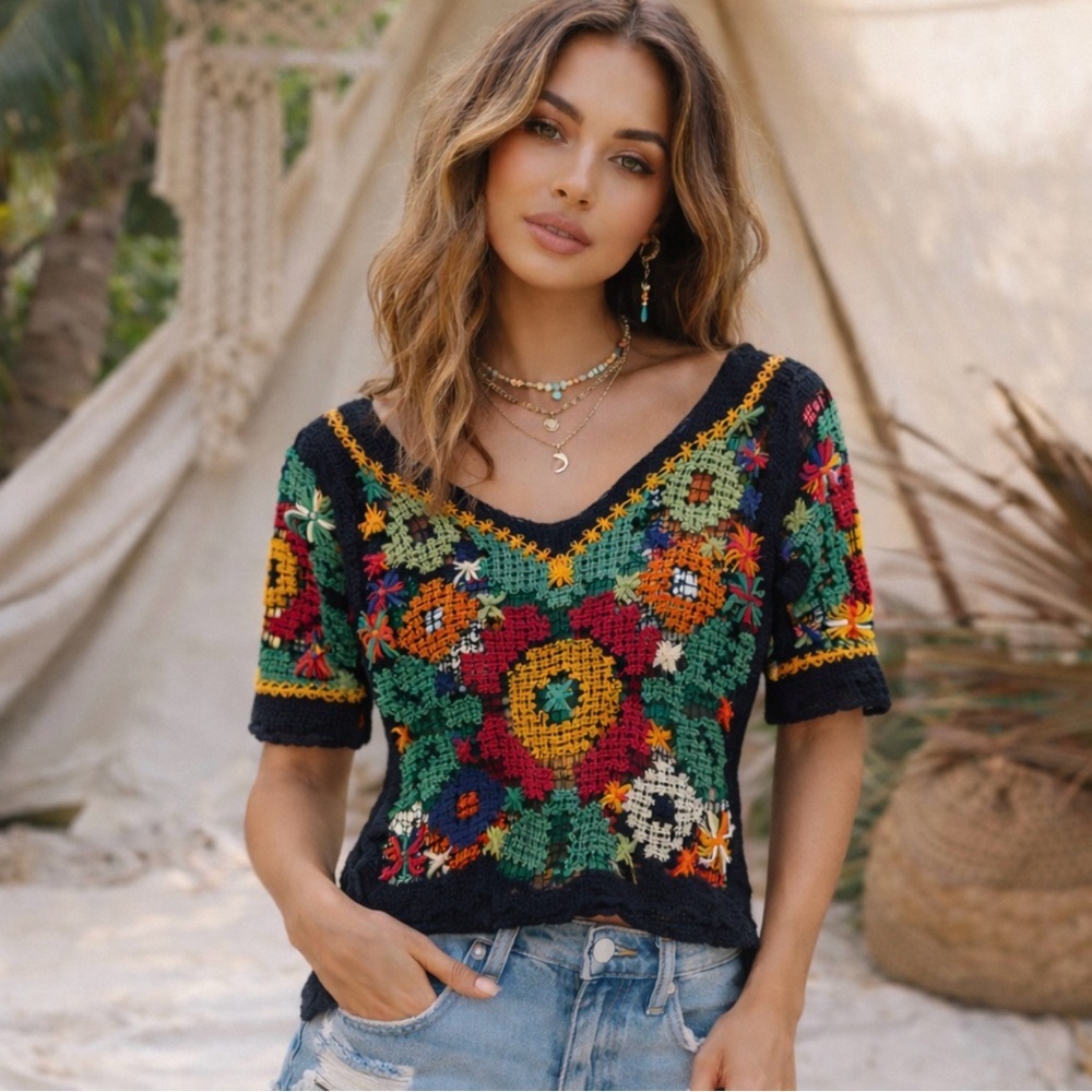 Crochet Top Blouse Multicolor Boho Hippie Floral Open Knit Retro Women’s Small